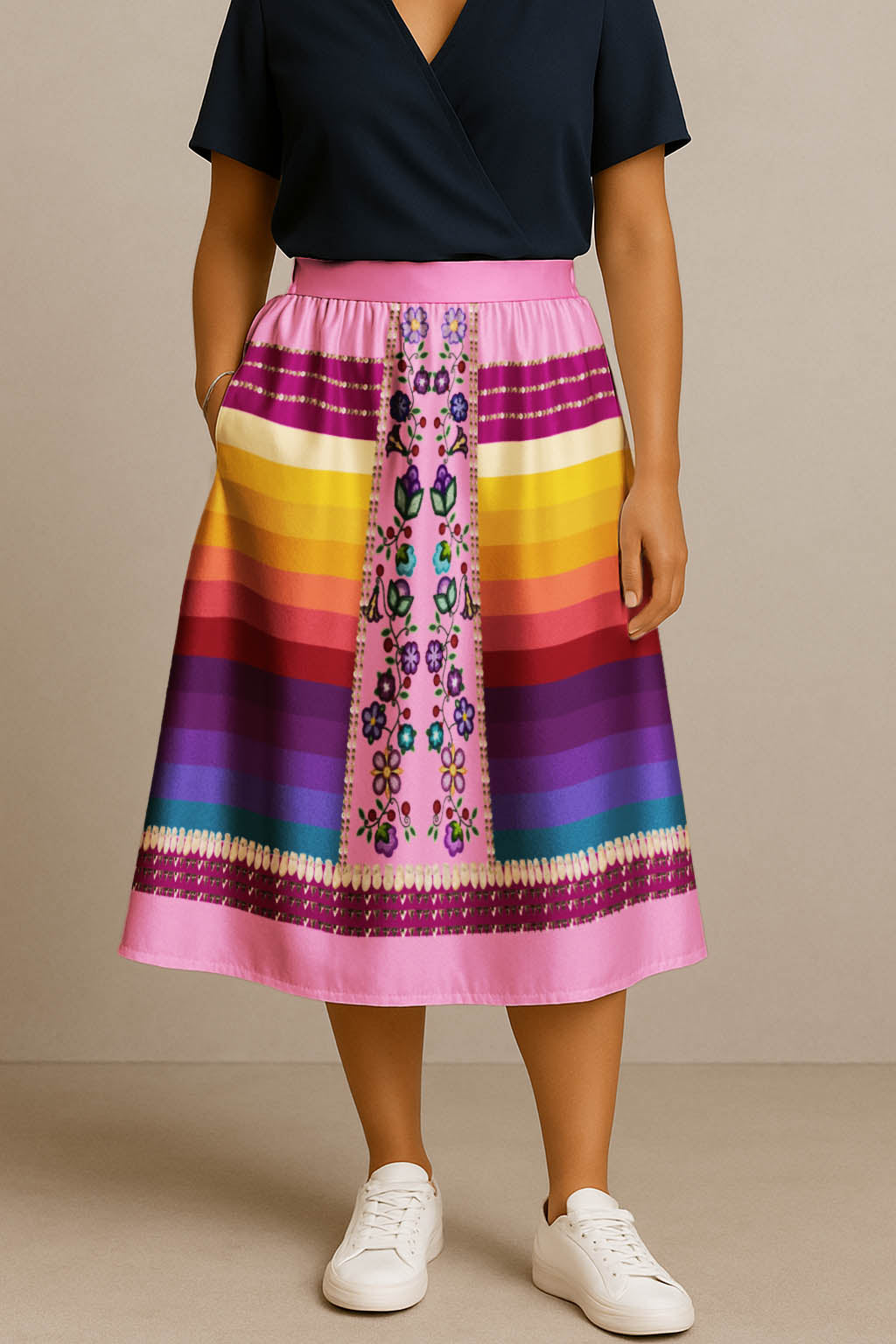 Beaded Offering Pink 2 Elastic Waist Pocket Midi Skirt