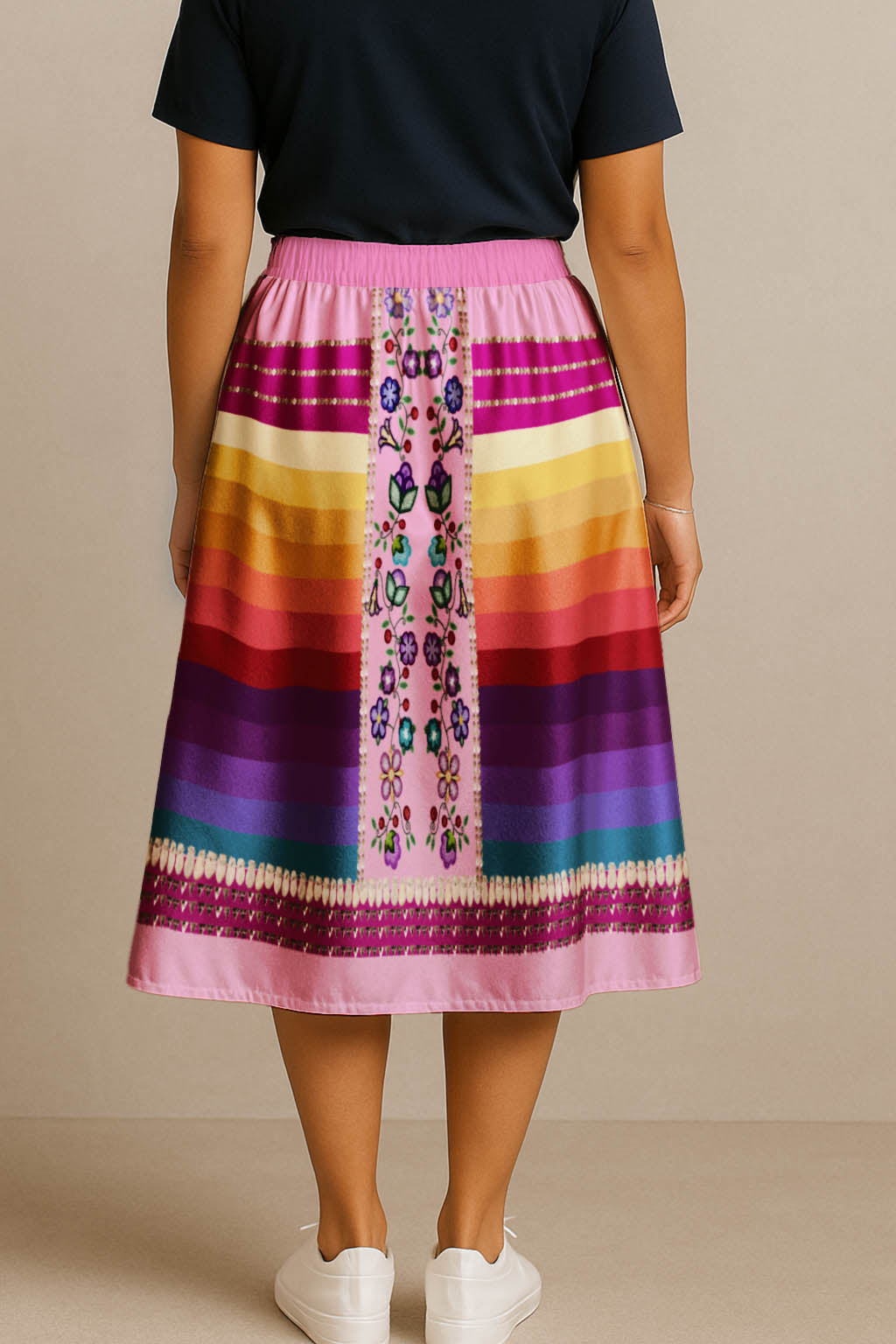 Beaded Offering Pink 2 Elastic Waist Pocket Midi Skirt