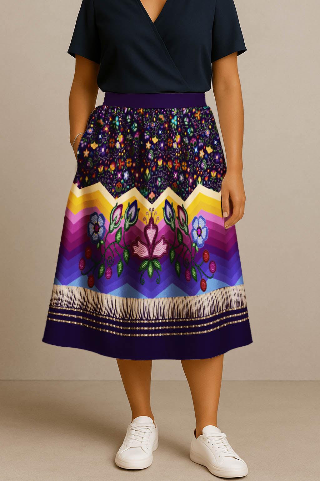 Beaded Offering Purple 3 Elastic Waist Pocket Midi Skirt