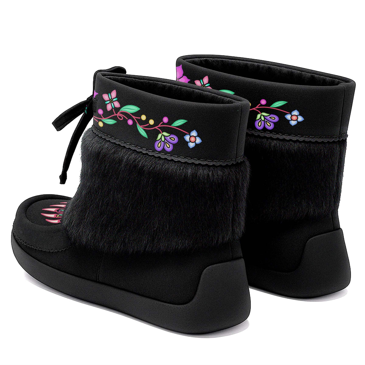 Bear Floral Black Leather MocLux Ankle with Black Fur, back view of a pair with a cuff printed with a vine of purple and pink flowers and leaves