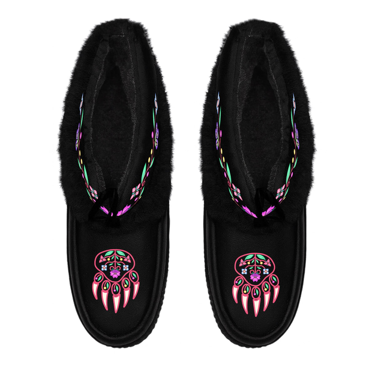 Bear Floral Black Leather MocLux Ankle with Black Fur from above, sherpa lining, black ties and floral bear paw toe design
