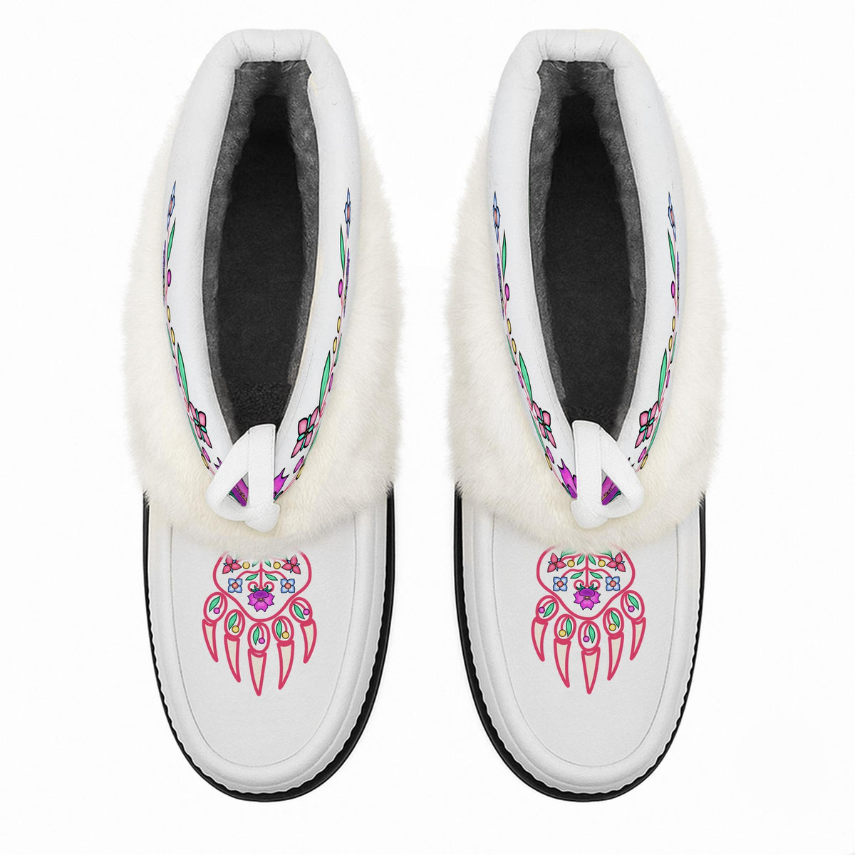 Bear Floral white ankle MocLux (white fur) from above, showing the plush lining and printed toes