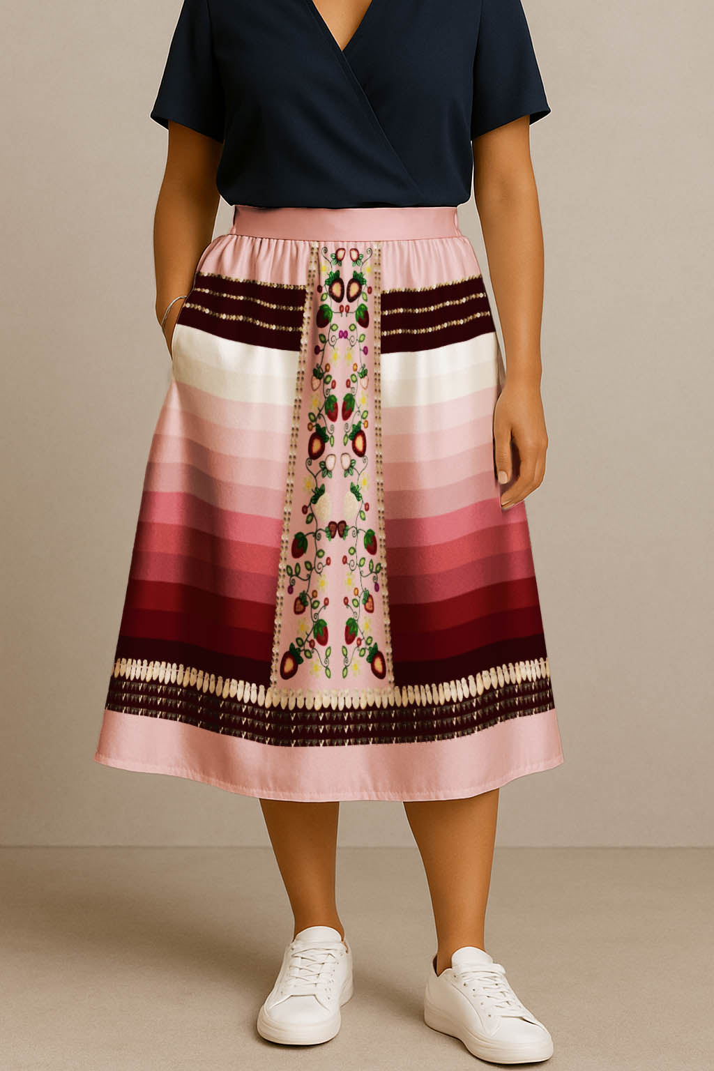 Berry Rites Pink 2 Elastic Waist Pocket Midi Skirt