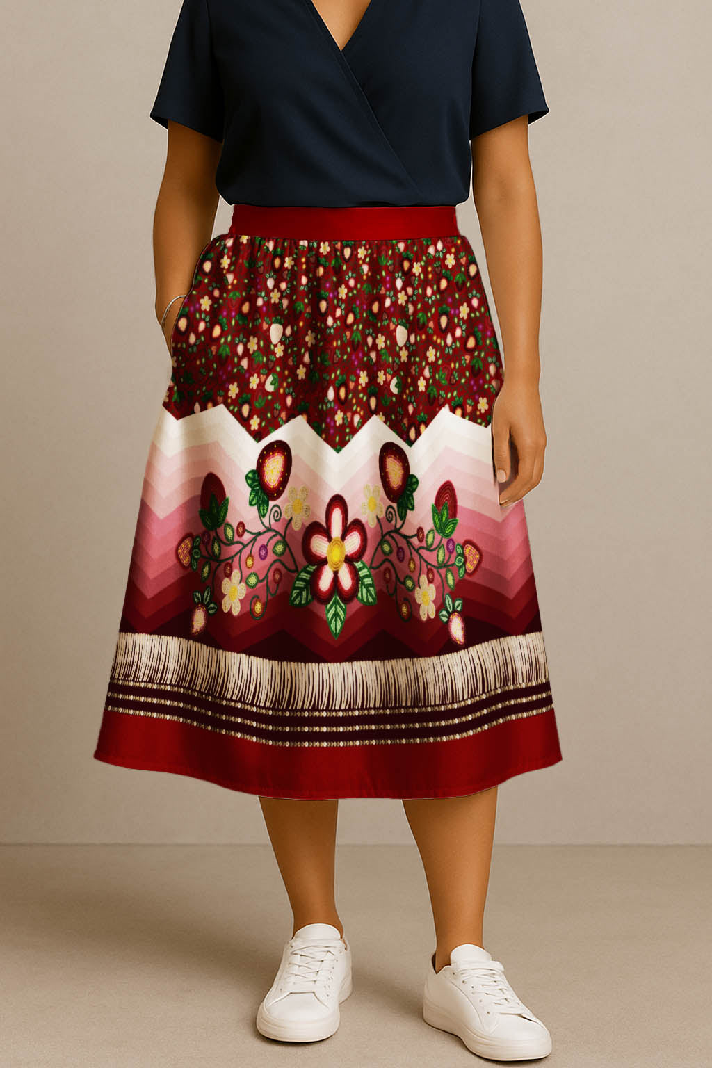 Berry Rites Red 3 Elastic Waist Pocket Midi Skirt