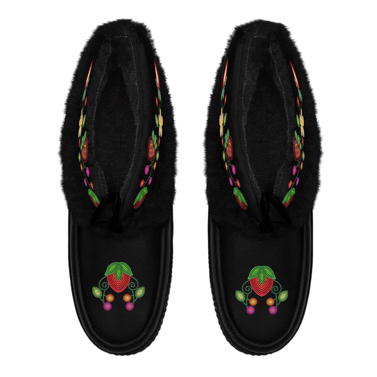 Berry Garden Black Leather MocLux Ankle with Black Fur from above, sherpa lining, black ties and strawberry toe design