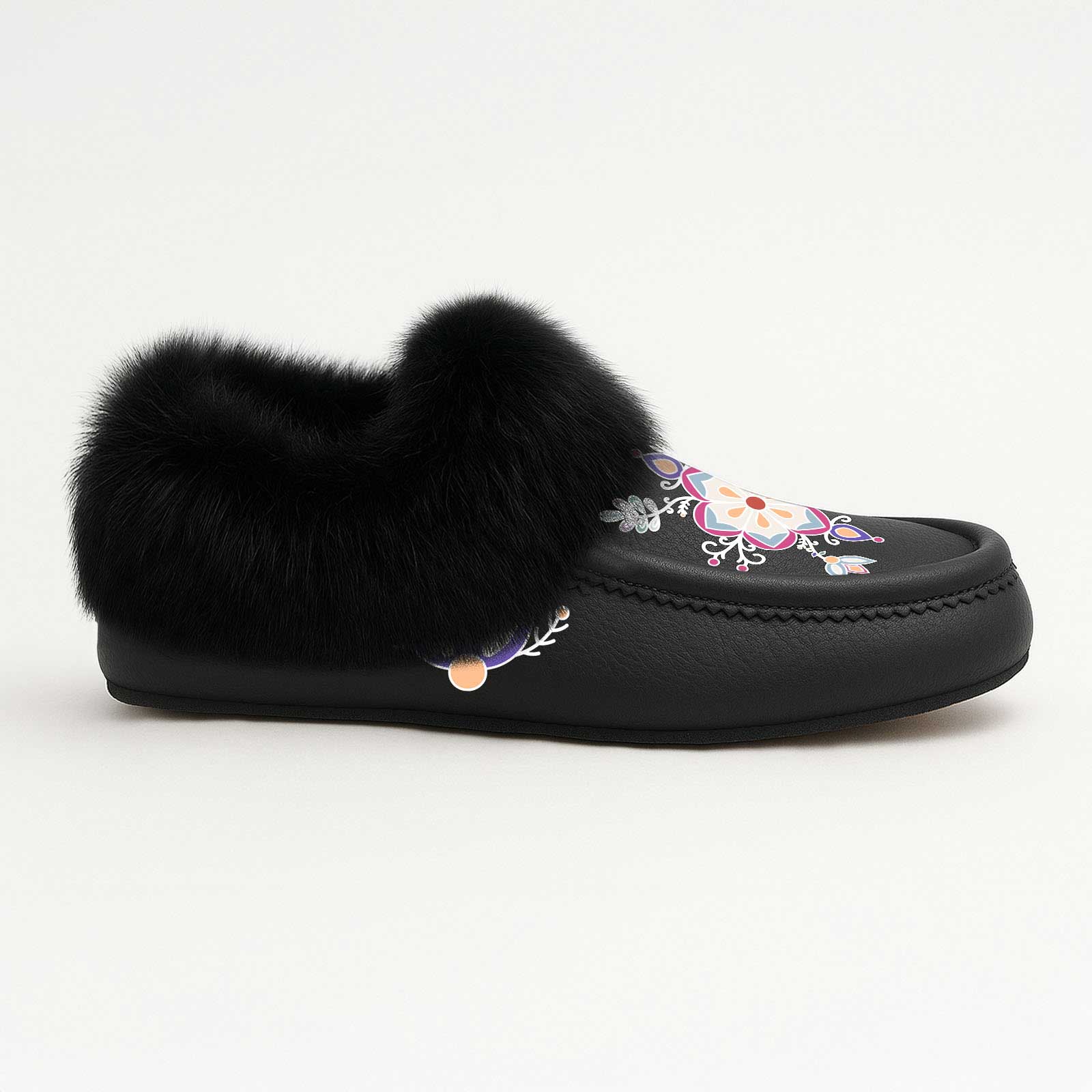 Aurora Petal Glow Black Leather Black Fur Moccasin