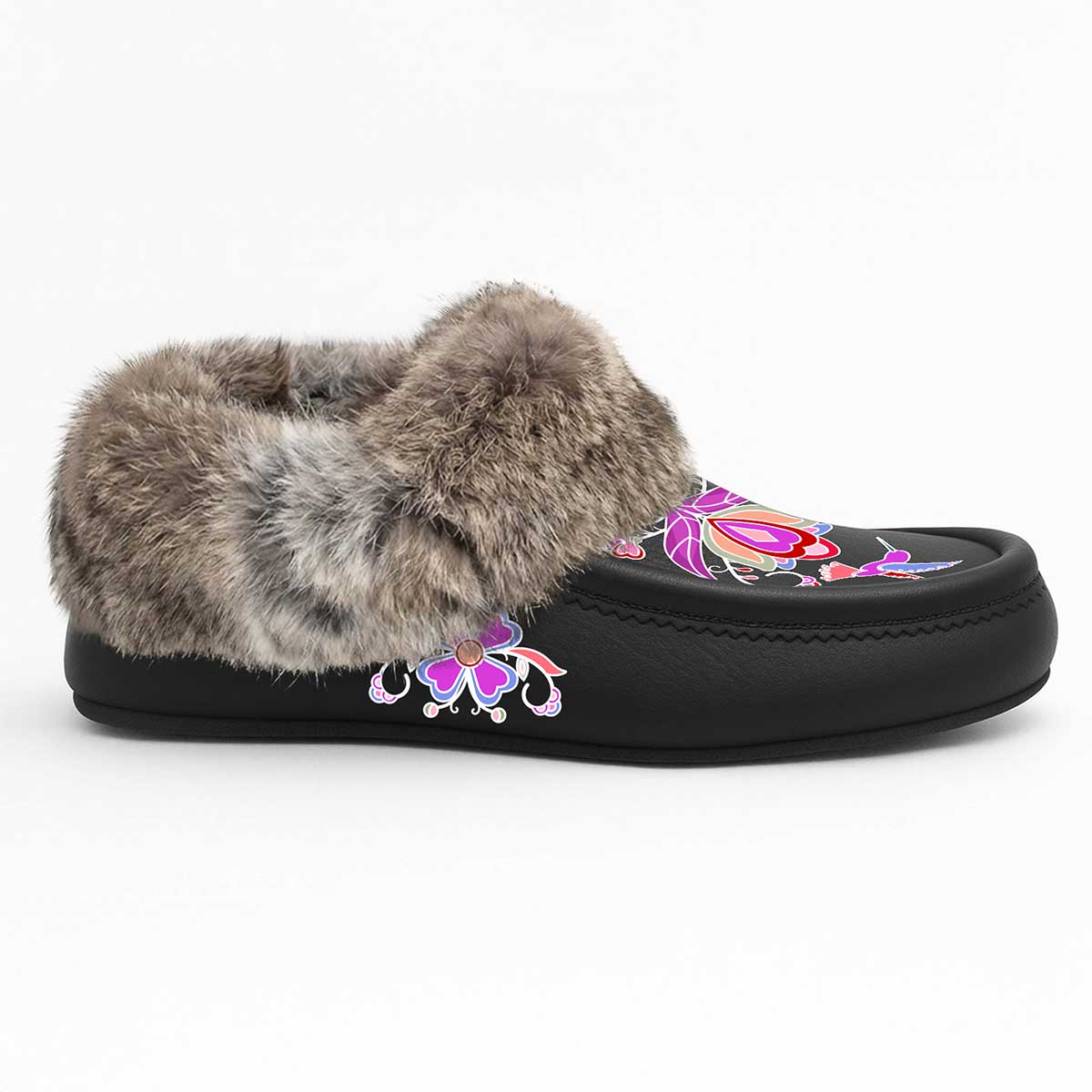 Frosted Leaf Spirit Black Leather Mottled Fur Moccasin
