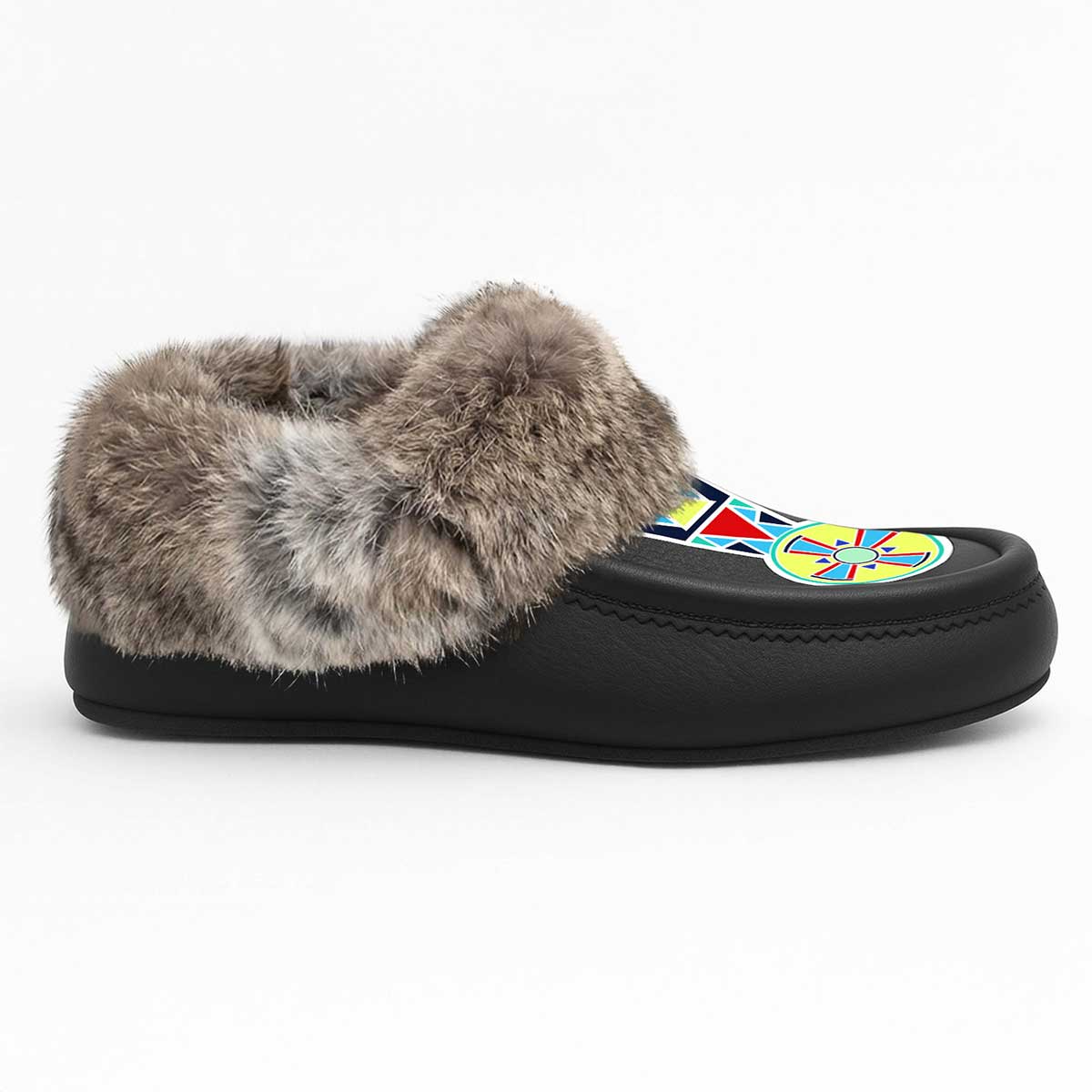 Firewheel Emblem Black Leather Mottled Fur Moccasin