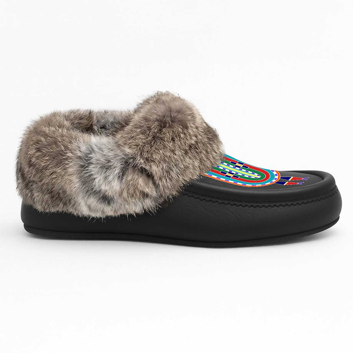 River Hold Black Leather Mottled Fur Moccasin