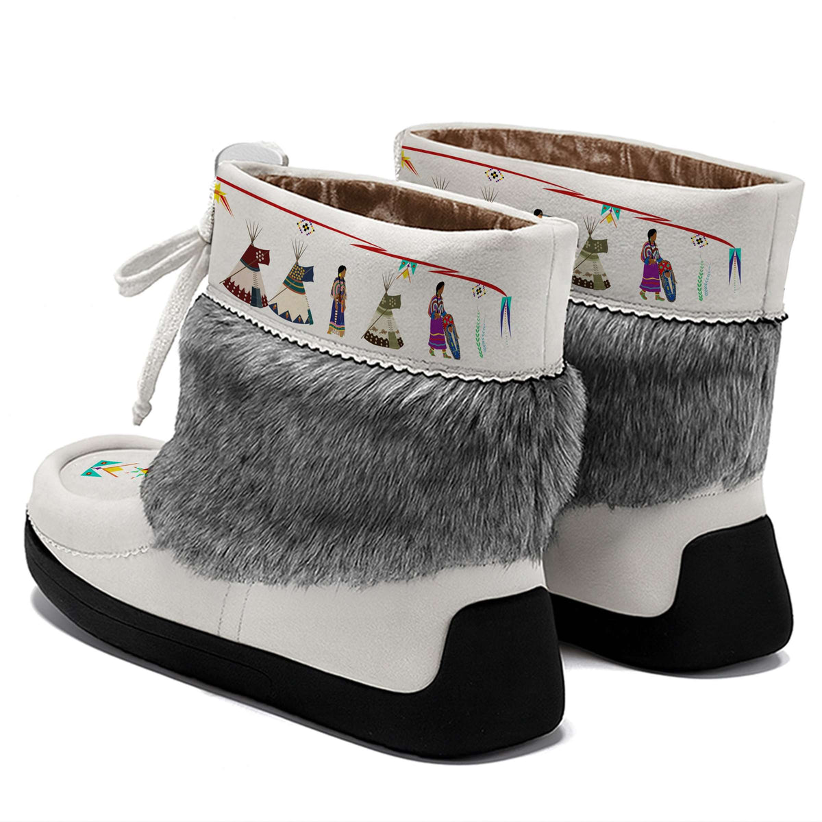 Blackfoot Line White Leather MocLux Ankle with Grey Fur, back view of a pair with printed tipis and figures on the cuff
