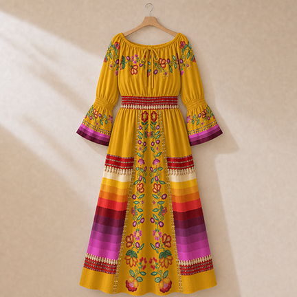 Boreal Bounty Yellow 2 Smocked Waist Peasant Dress