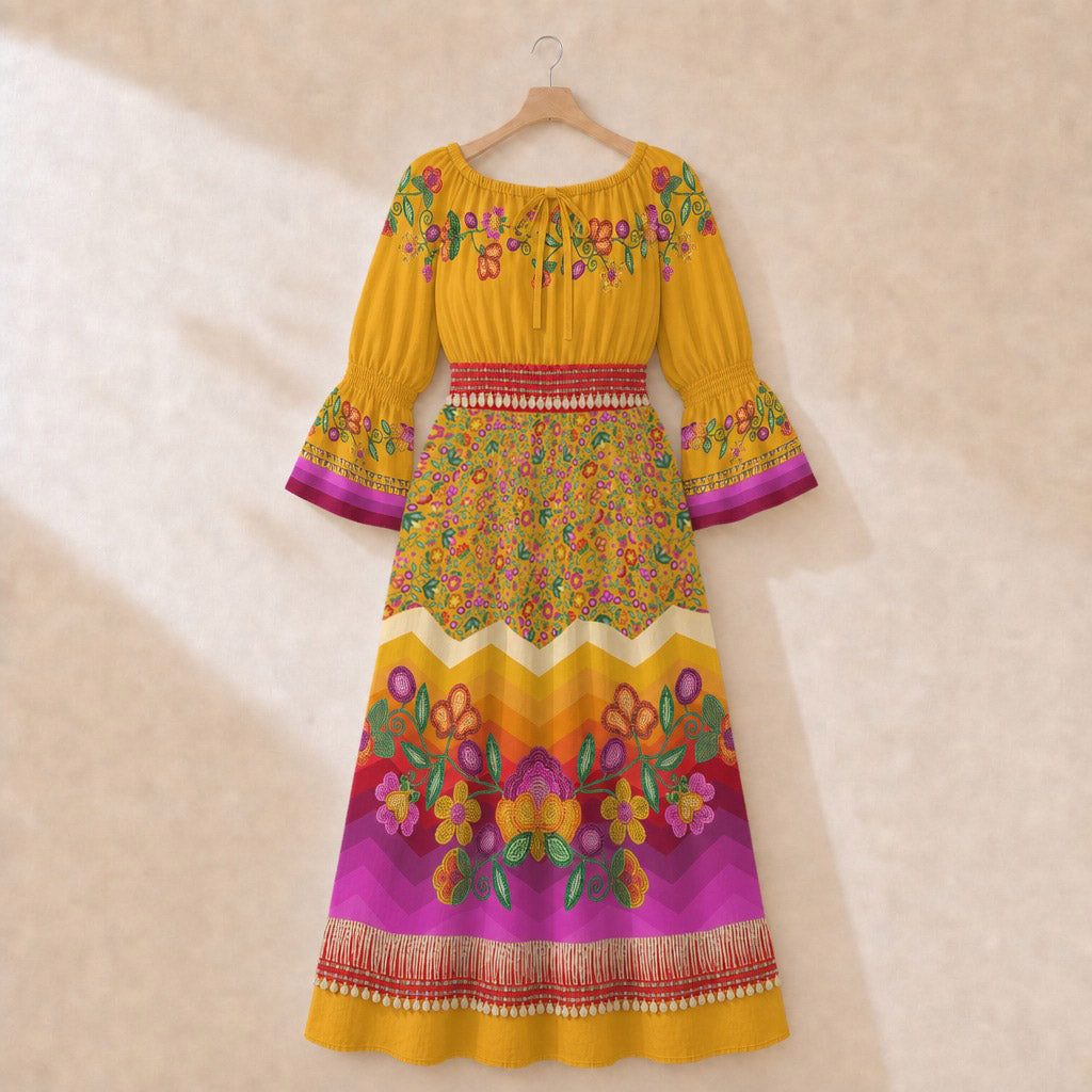 Boreal Bounty Yellow 3 Smocked Waist Peasant Dress