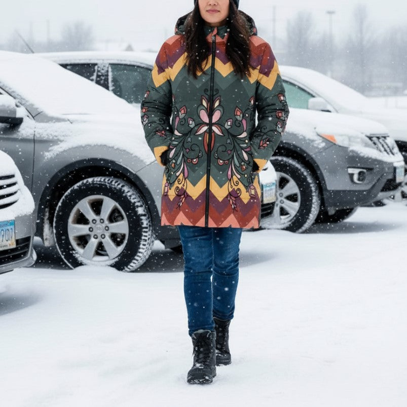 Burnt Sky Petals Women's Hooded Puffer Coat