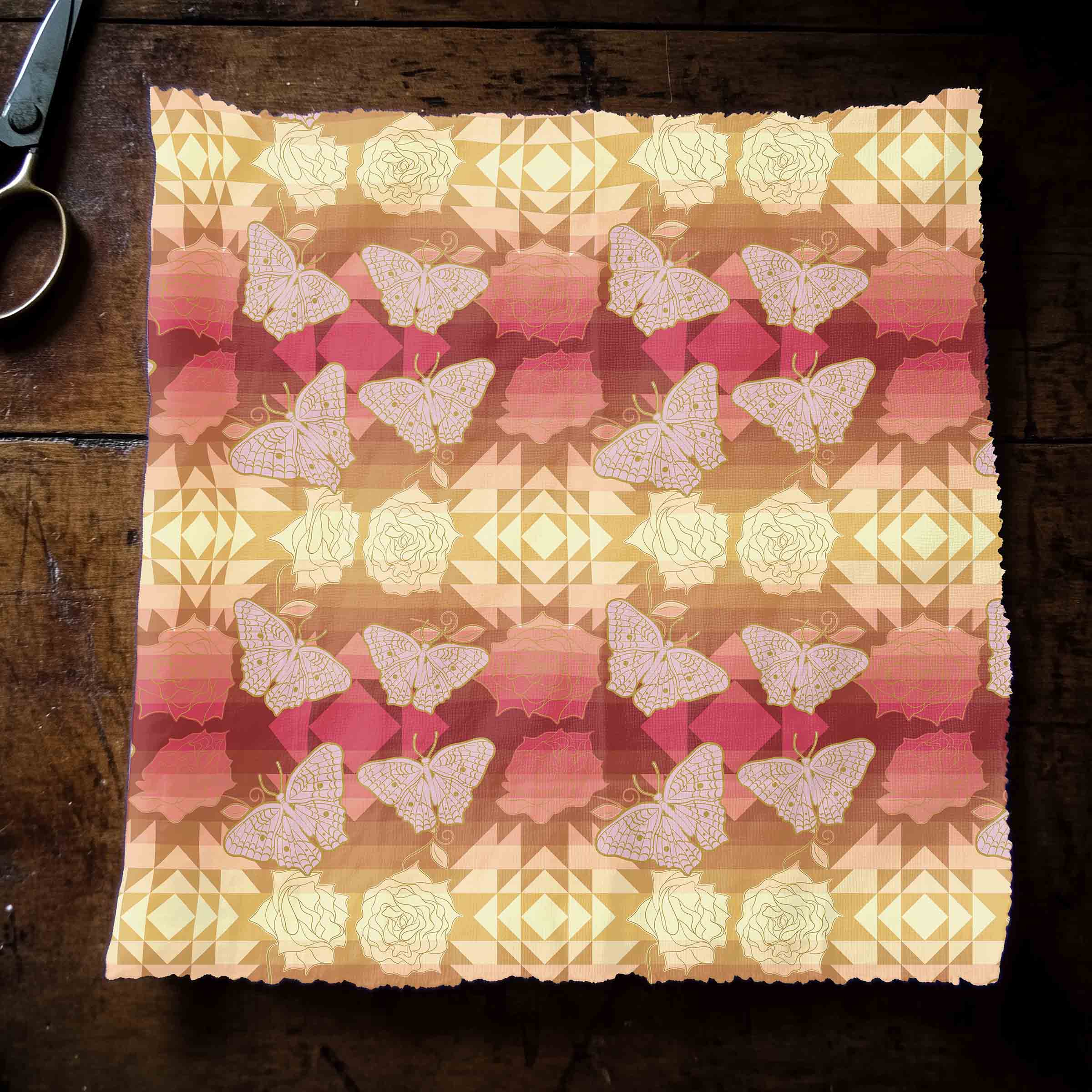 Butterfly and Roses on Geometric 56 Inch Cotton Poplin Pre Order