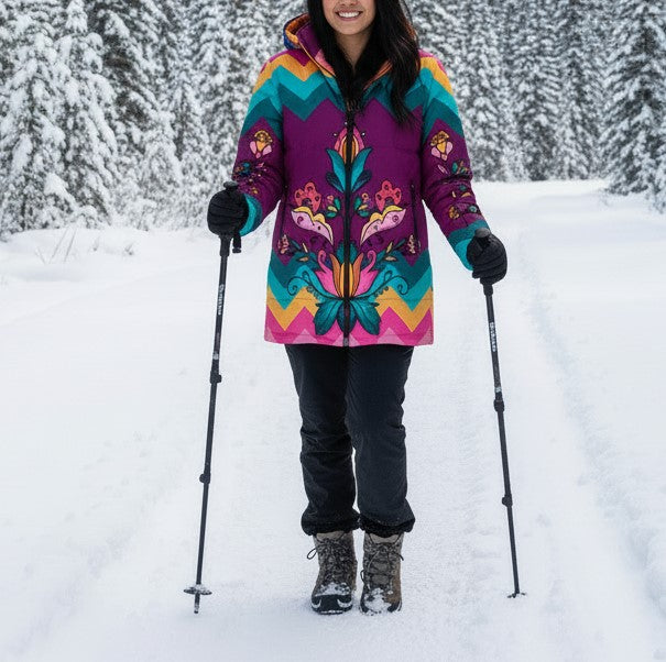 Copper Prairie Petals Women's Hooded Puffer Coat