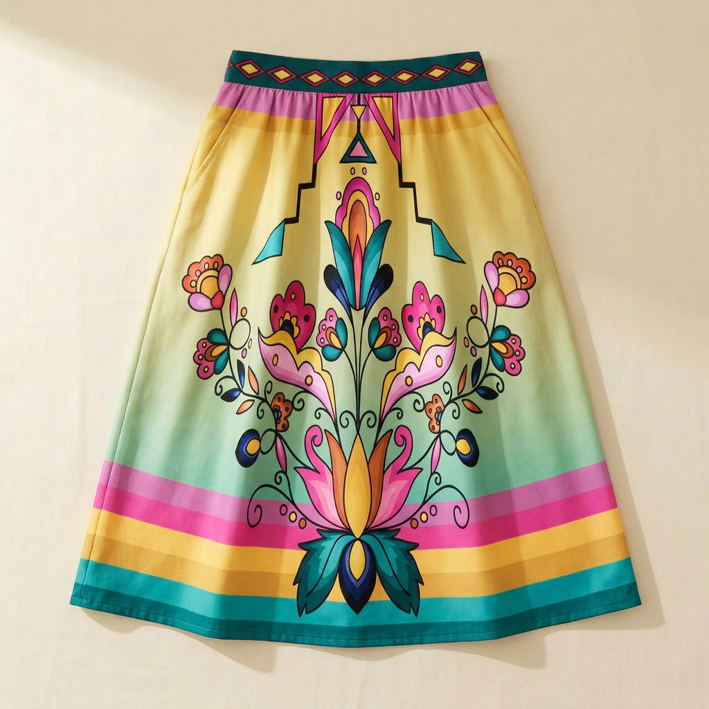 Copper Prairie Petals V1 Elastic Waist Pocket Midi Skirt
