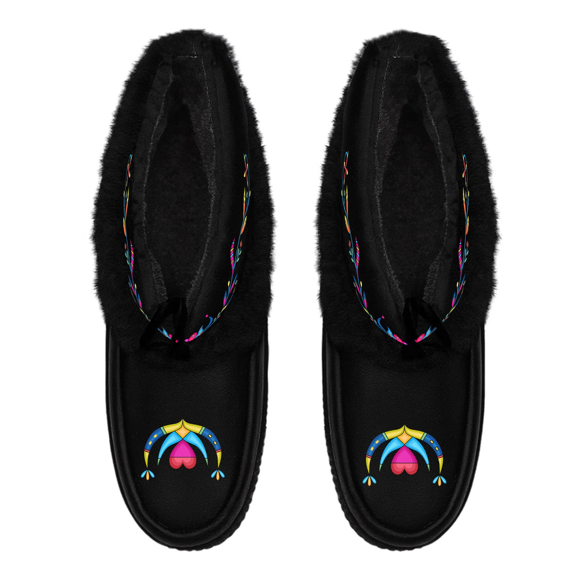 Cradle Creek Black Leather MocLux Ankle with Black Fur from above, sherpa lining, black ties and heart toe design