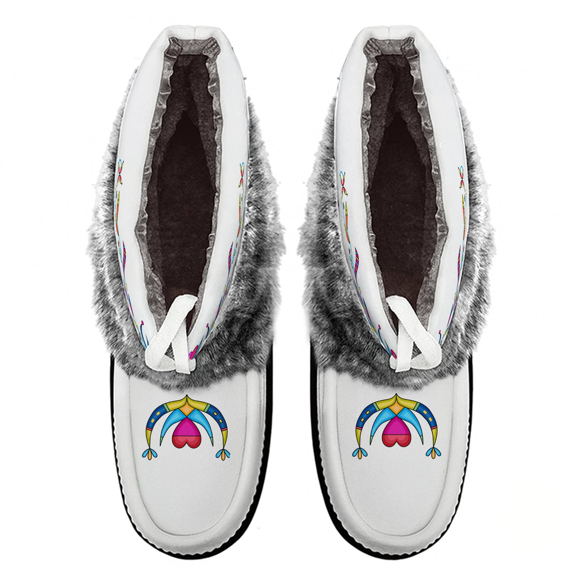 Cradle Creek Radiance White Leather MocLux Ankle with Grey Fur from above, sherpa lining, white ties and printed toe design