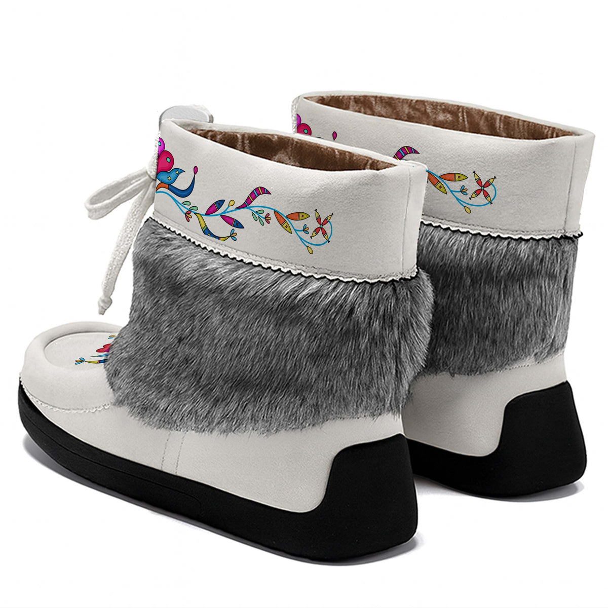 Cradle Creek Radiance White Leather MocLux Ankle with Grey Fur, back view of a pair with a cuff printed with a bird and a vine of colourful flowers