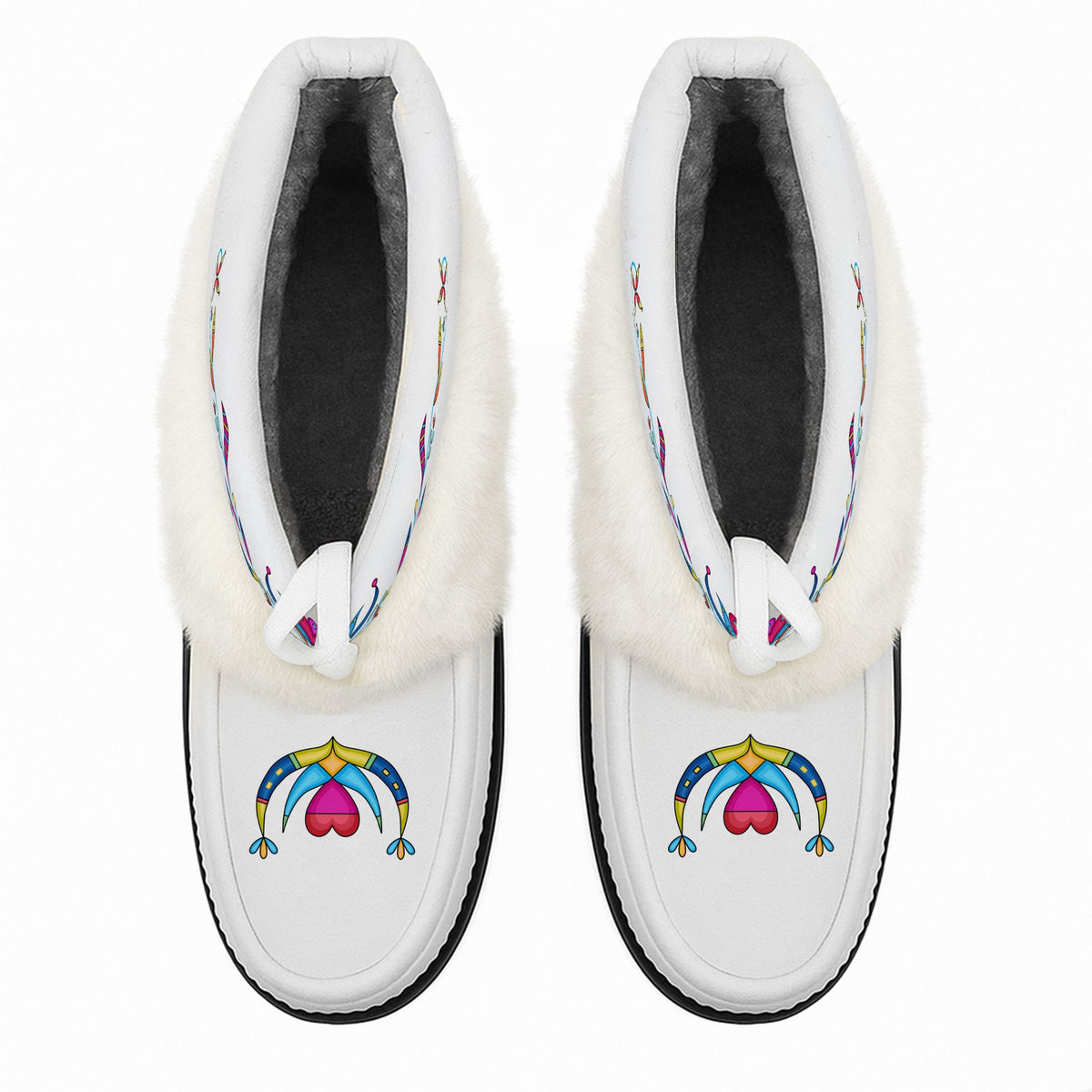 Cradle Creek Radiance white ankle MocLux (white fur) from above, showing the plush lining and printed toes