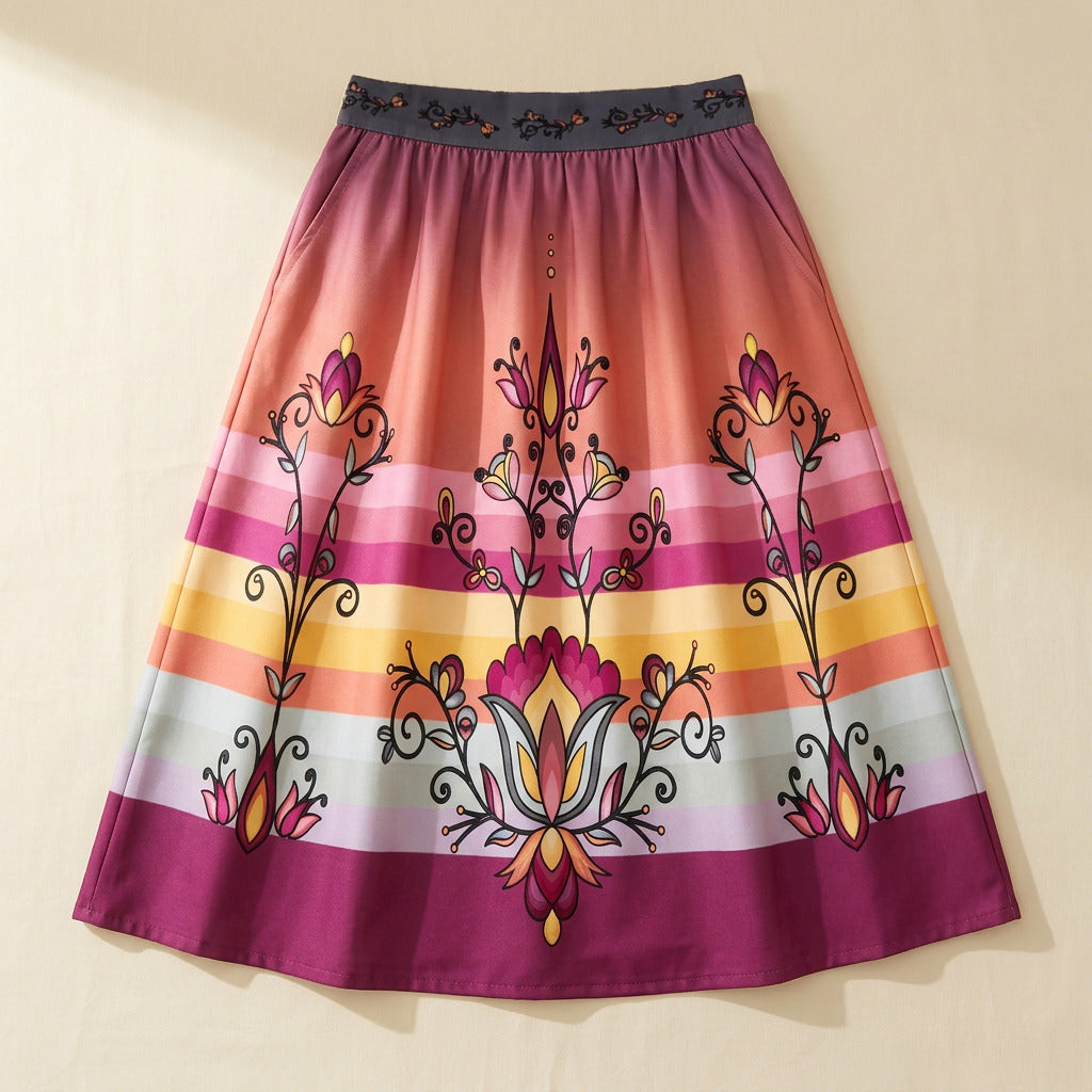 Crimson Drift Petals 05 Elastic Waist Pocket Midi Skirt