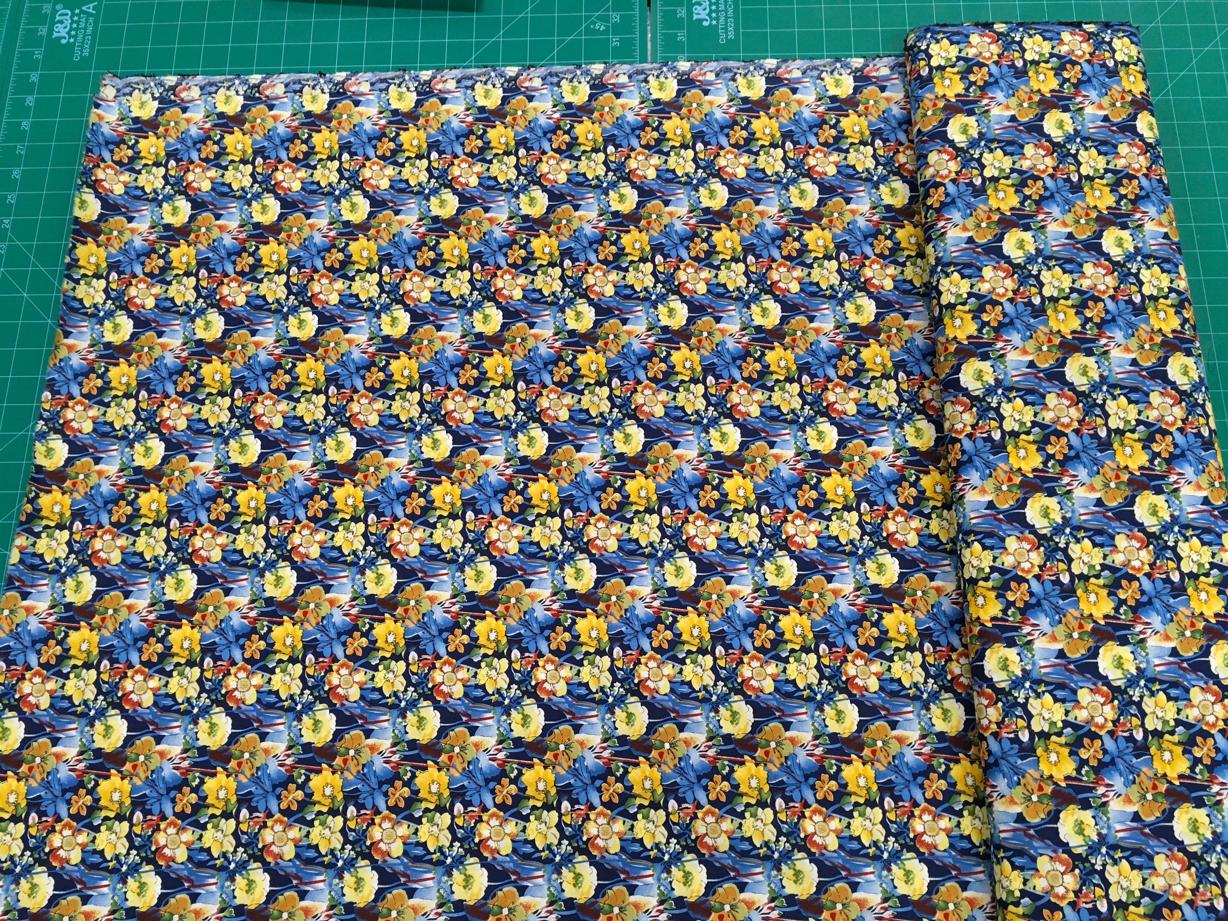 Yellow Flowers Blue Background 56 inch Cotton Fabric