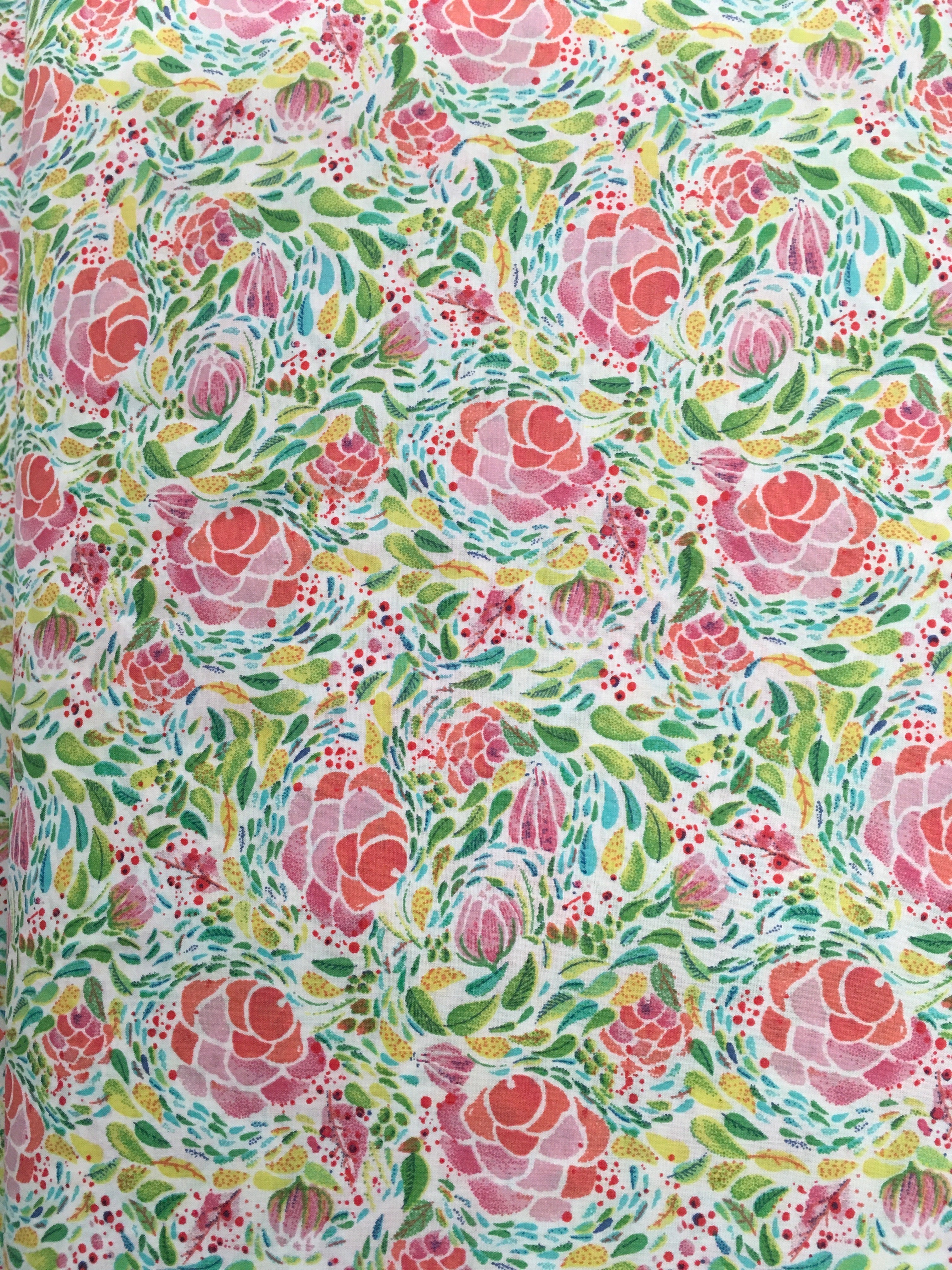 Pink Roses Green Teal Background 56 inch Cotton Fabric