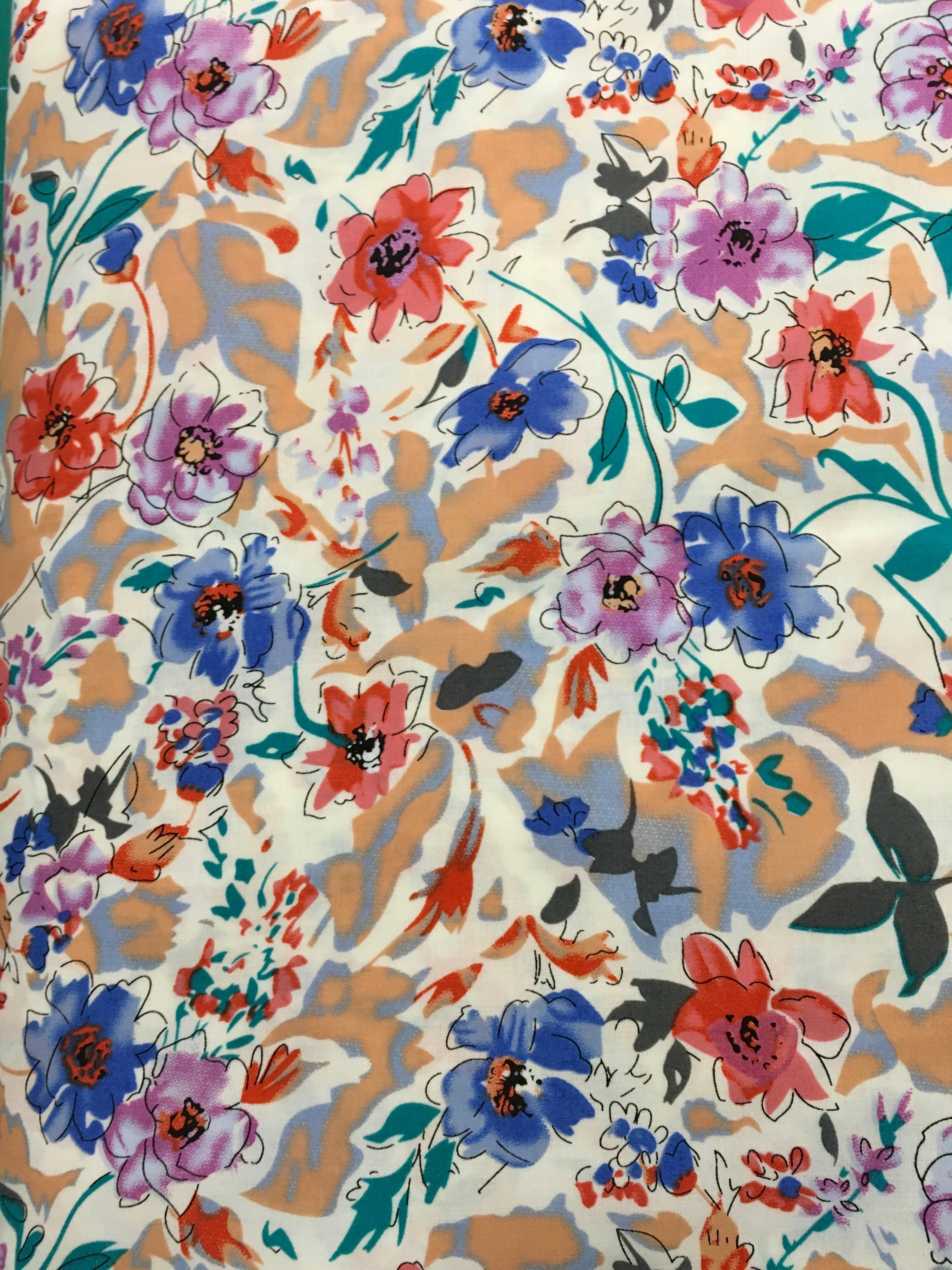 Blue Purple Orange Floral Tan Background 56 inch Cotton Fabric