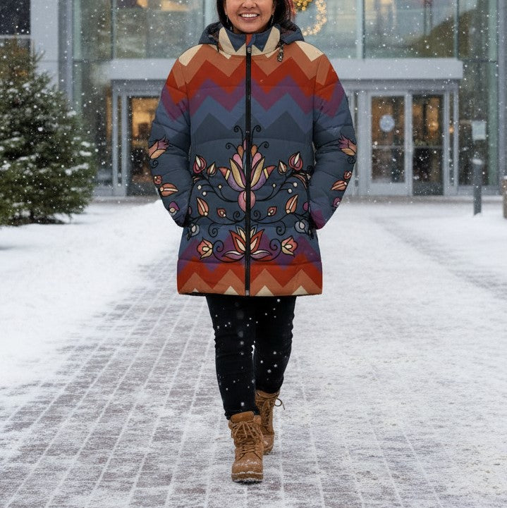 Ember Blossom Women's Hooded Puffer Coat