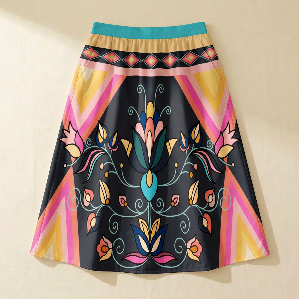 Ember Trail Bright Elastic Waist Pocket Midi Skirt