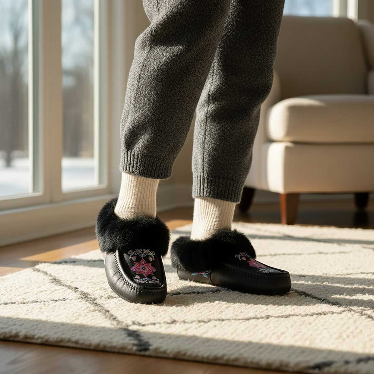 Frost Flower Circle Black Leather Black Fur Moccasin