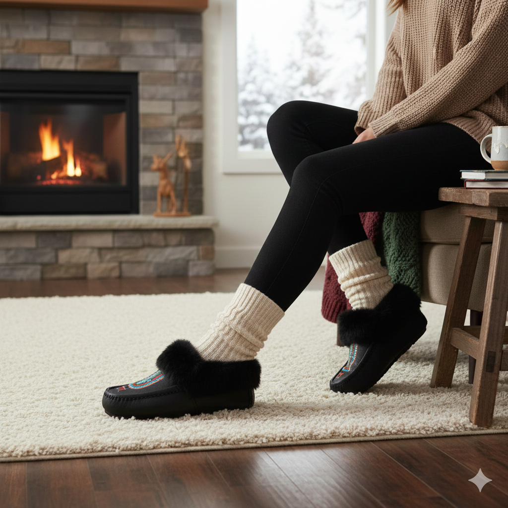 River Hold Black Leather Black Fur Moccasin