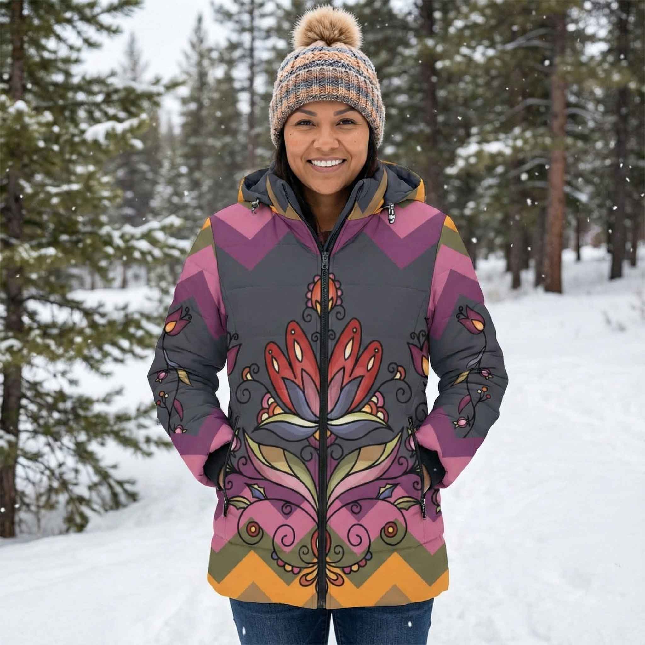 Red Willow Whispers Women's Hooded Puffer Coat