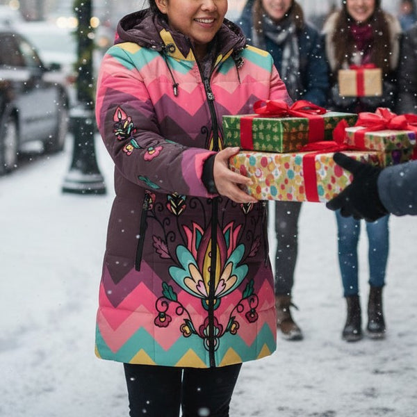 Gold Harvest Bloom Women's Hooded Puffer Coat