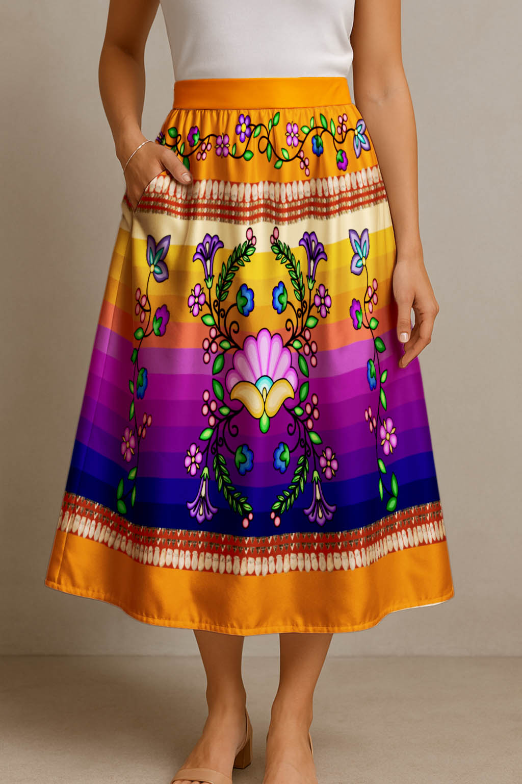 Grandmother Legacy Orange 1 Elastic Waist Pocket Midi Skirt