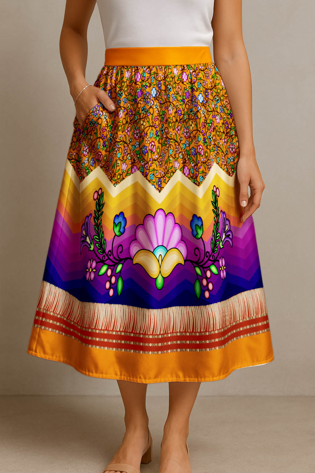 Grandmother Legacy Orange 3 Elastic Waist Pocket Midi Skirt