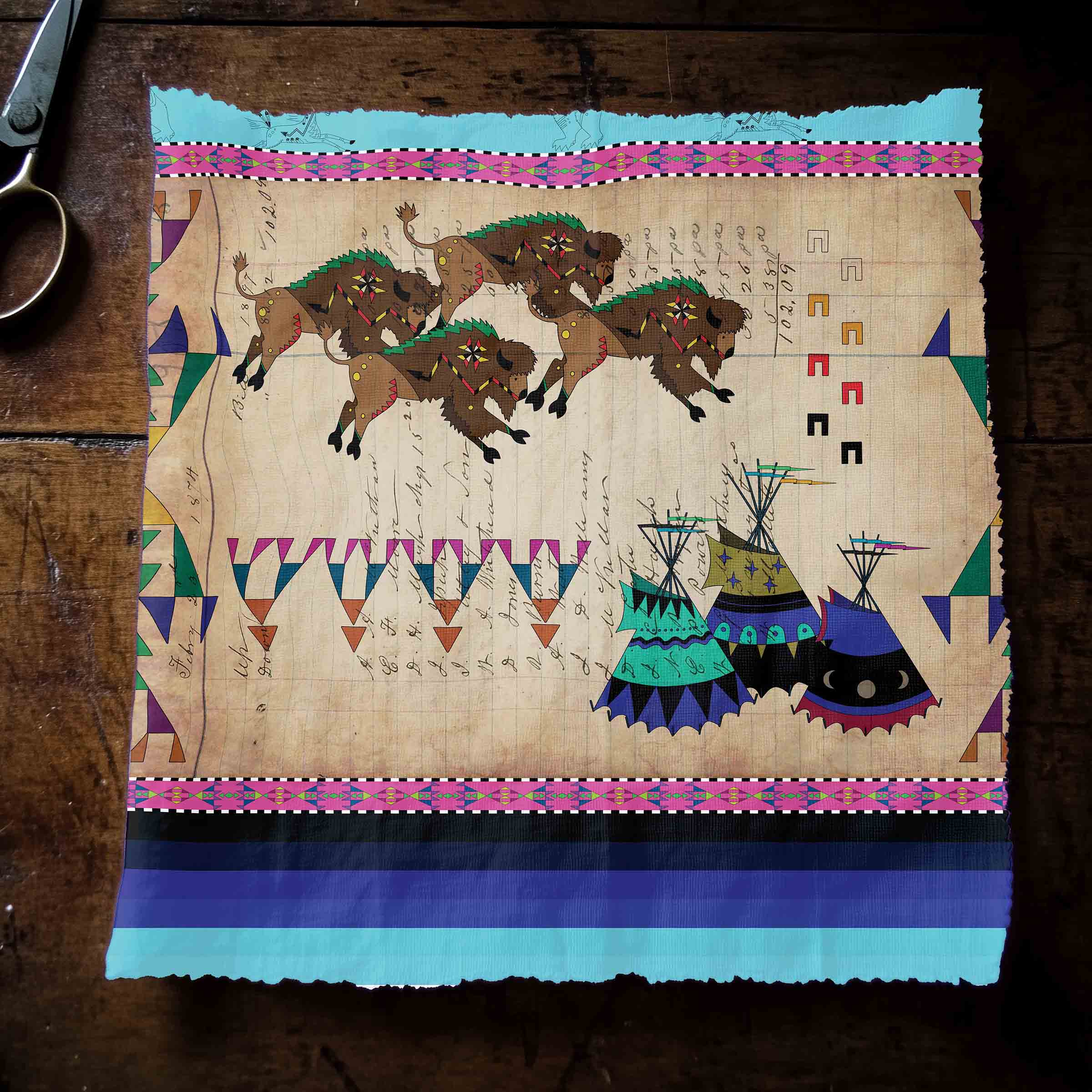 Ledger Buffalos Running Sky Satin Fabric By the Yard Pre Order