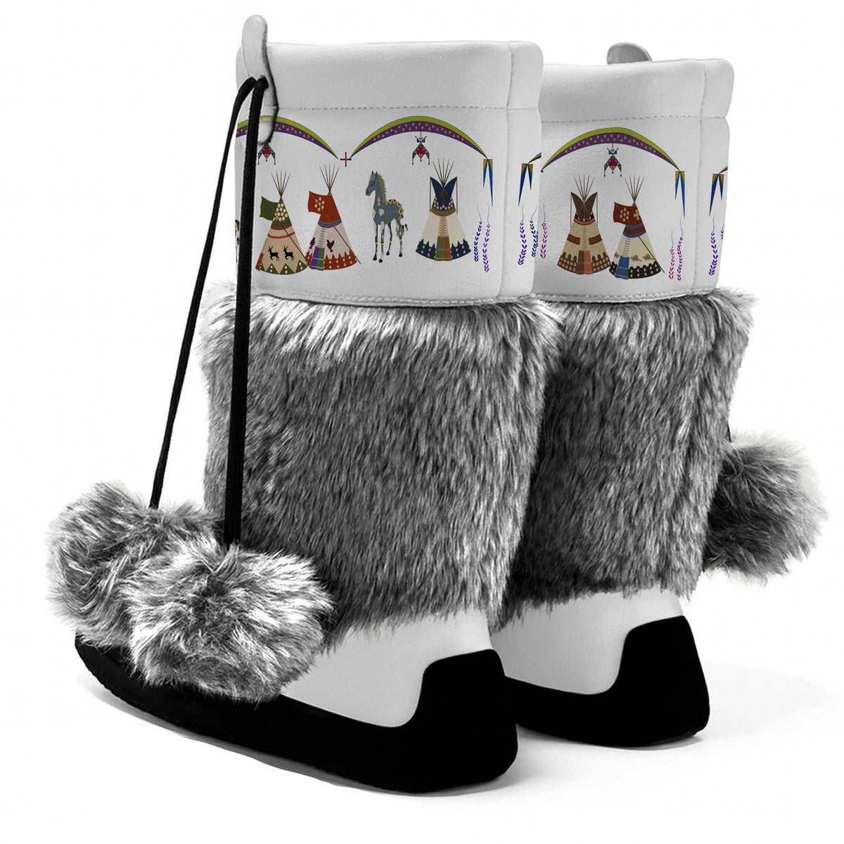 Legacy of the Rainy Chief White MocLux Calf with Grey Fur pair from behind, grey fur and pom-poms