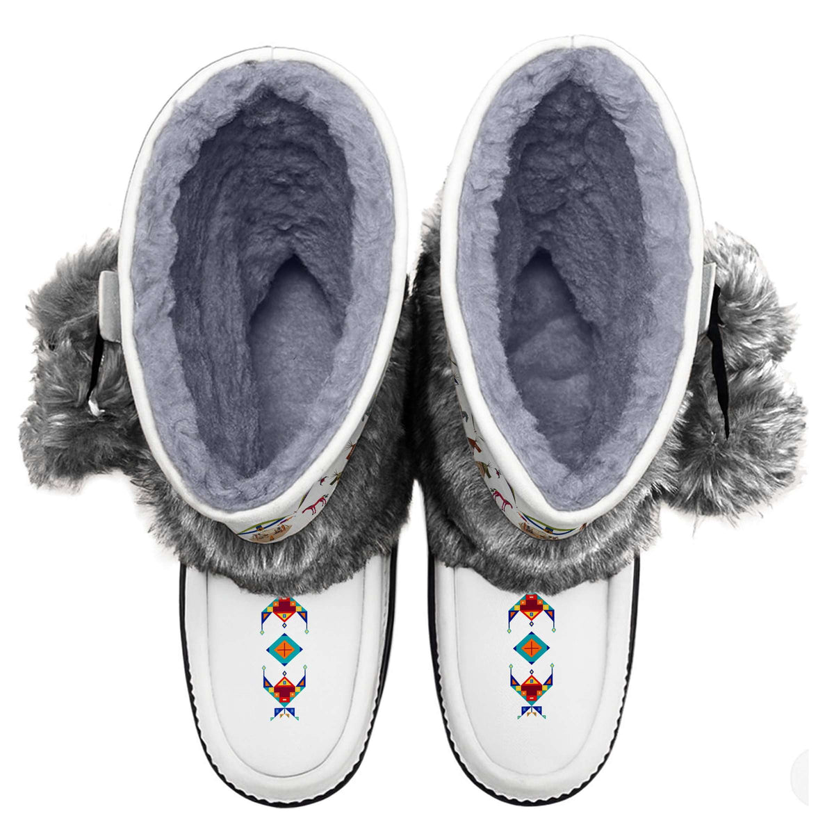 Legacy of the Rainy Chief White MocLux Calf with Grey Fur from above, soft lining and pictograph horse and tipi toe print