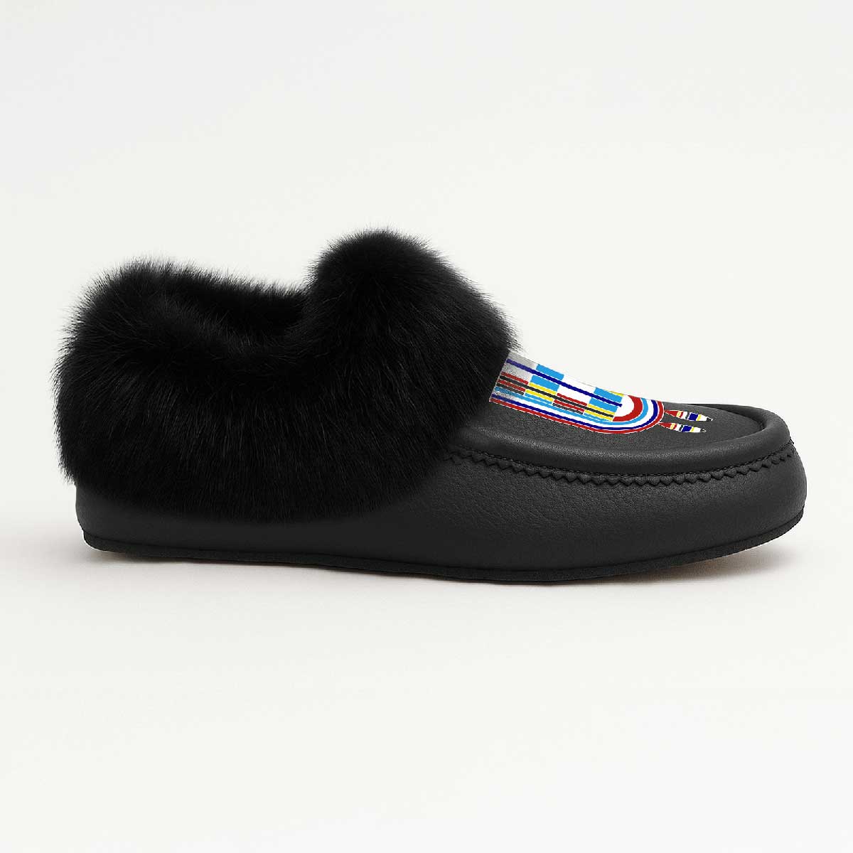 Prairie Signal Black Leather Black Fur Moccasin