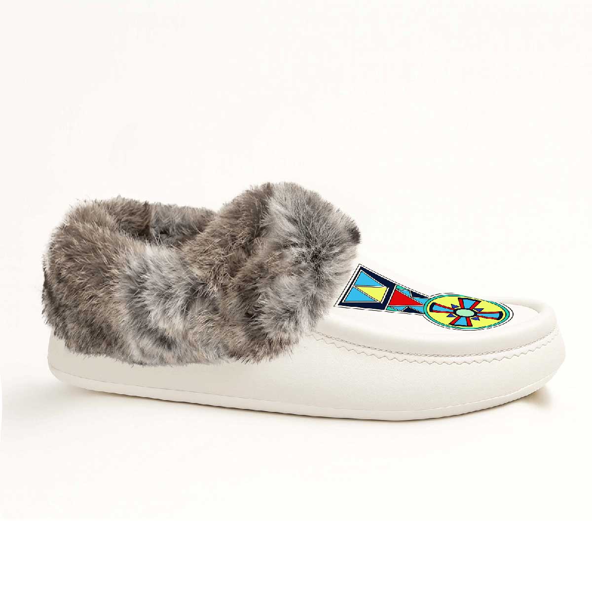 Firewheel Emblem White Leather Mottled Fur Moccasin