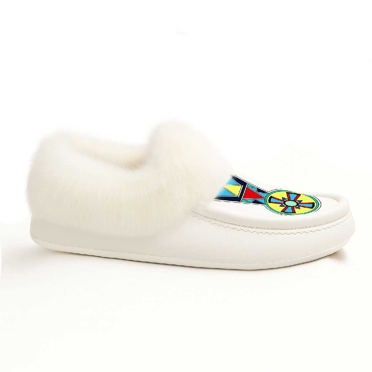 Firewheel Emblem White Leather White Fur Moccasin