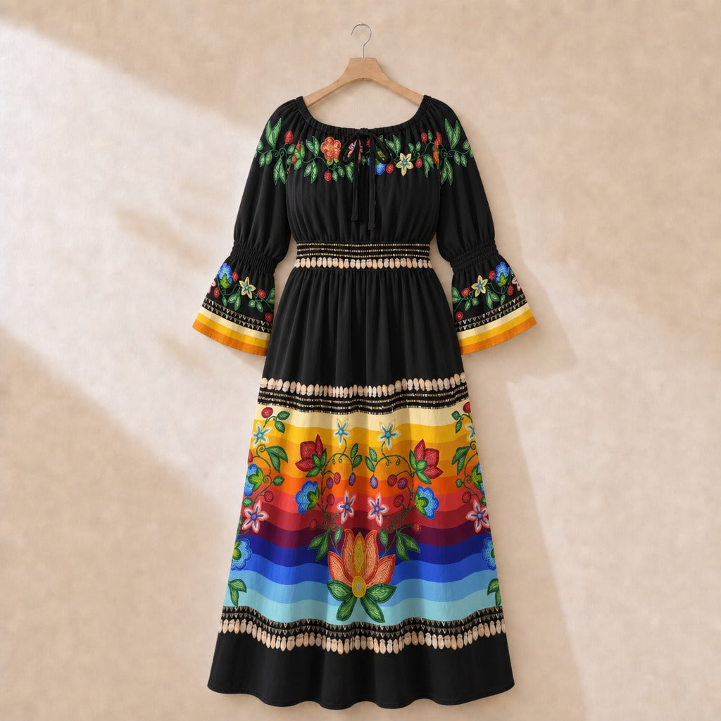 Morning Harmony Black 1 Smocked Waist Peasant Dress