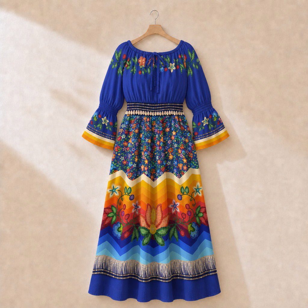 Morning Harmony Blue Smocked Waist Peasant Dress