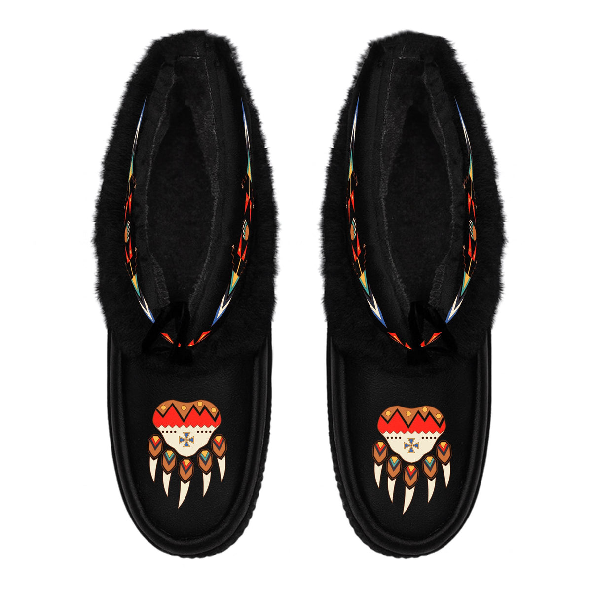 Morning Star Black Leather MocLux Ankle with Black Fur from above, sherpa lining, black ties and bear paw toe design