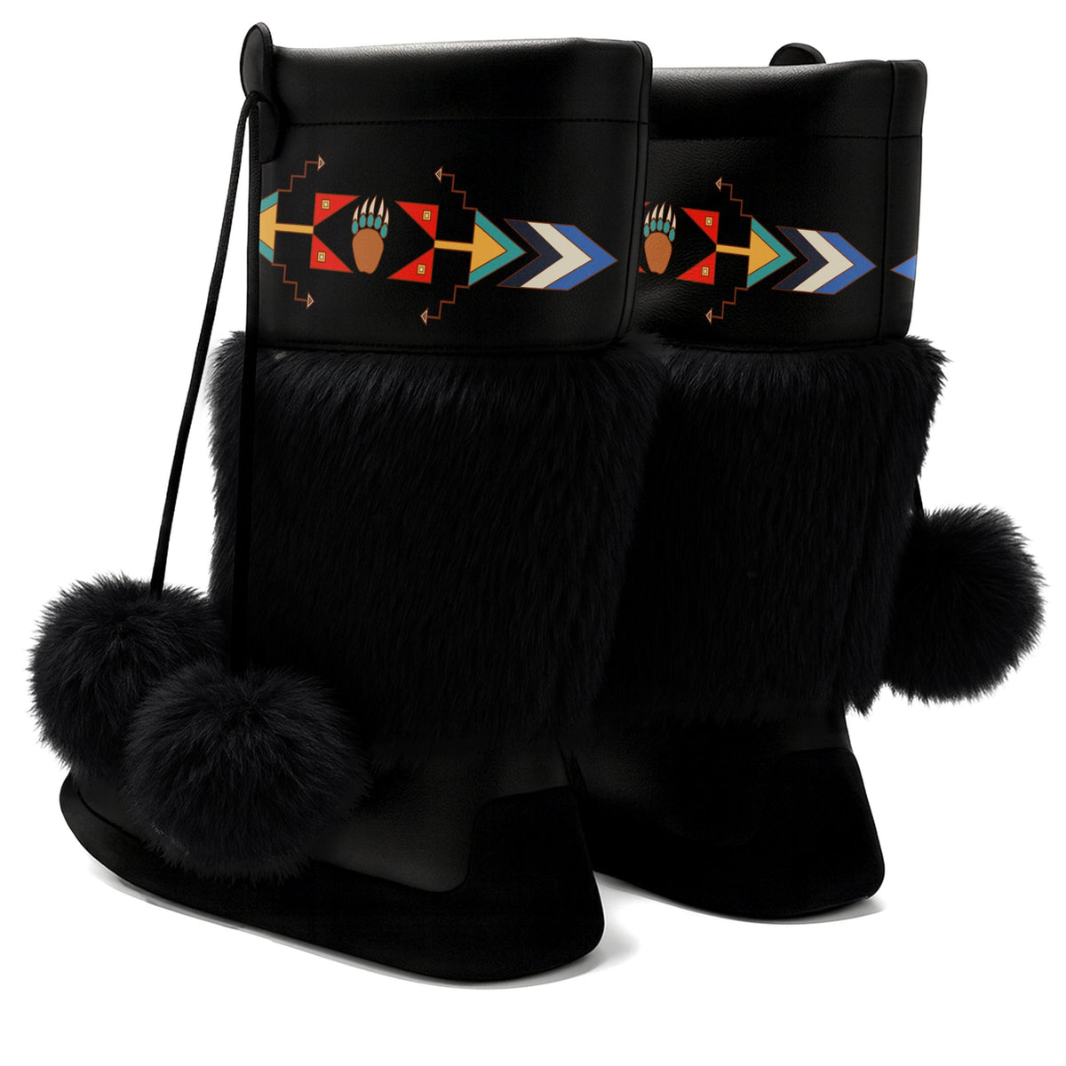 Morning Star Bear Black MocLux Calf with Black Fur pair from behind, black fur and pom-poms