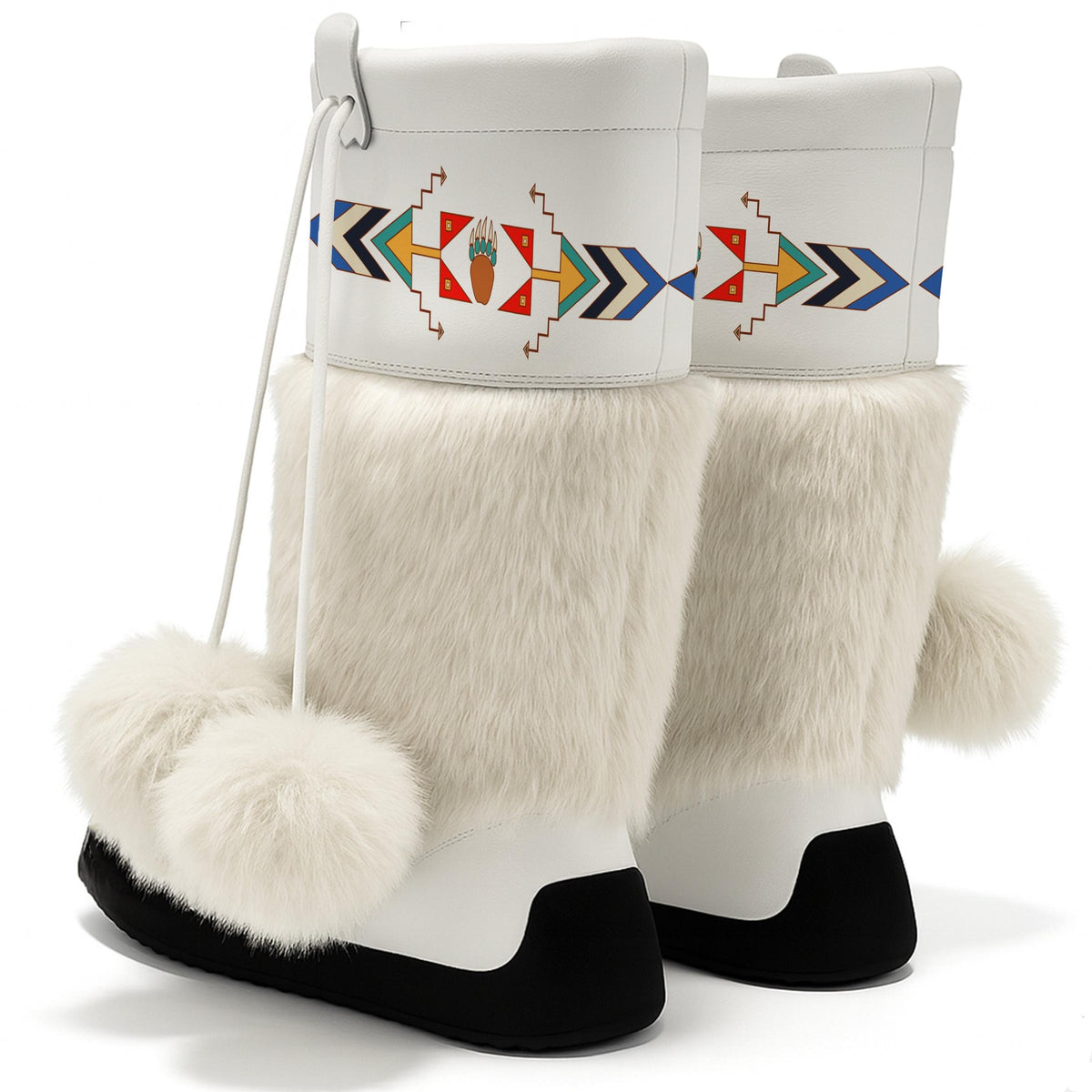Morning Star Bear White MocLux Calf with White Fur pair from behind, white fur and pom-poms