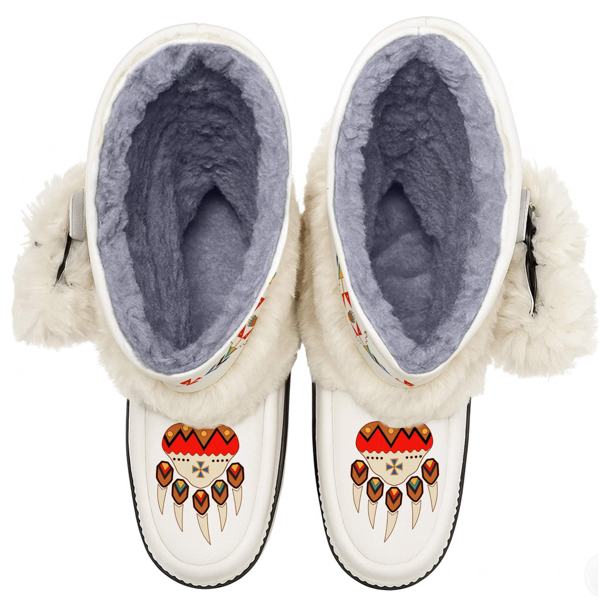 Morning Star Bear White MocLux Calf with White Fur from above, soft lining and bear paw and arrow toe print
