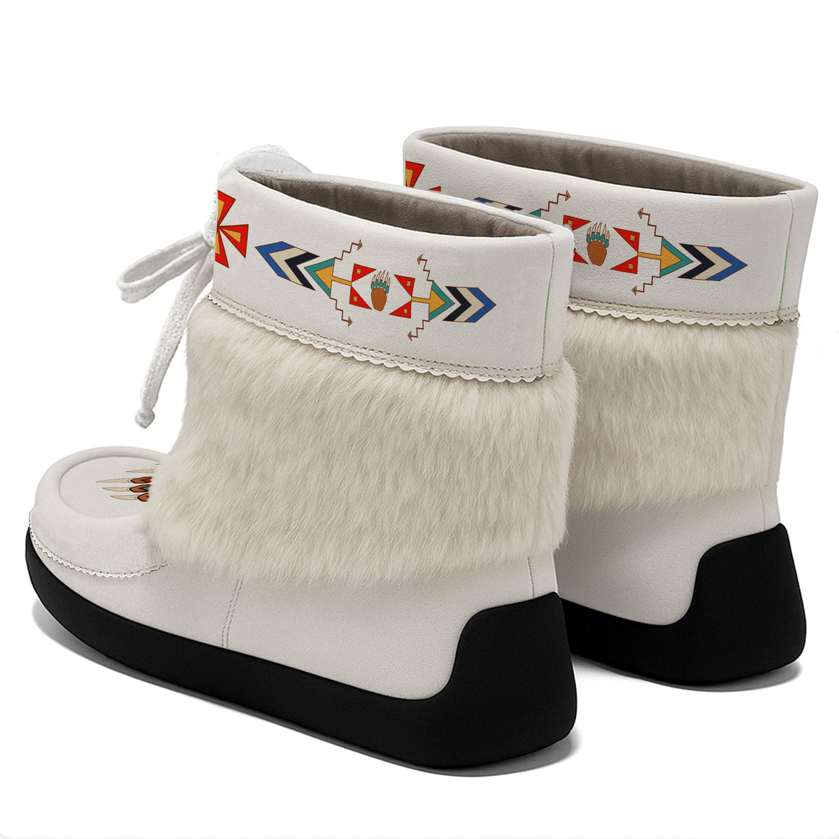 Morning Star white ankle MocLux (white fur) pair from behind at an angle, fur band above the heels