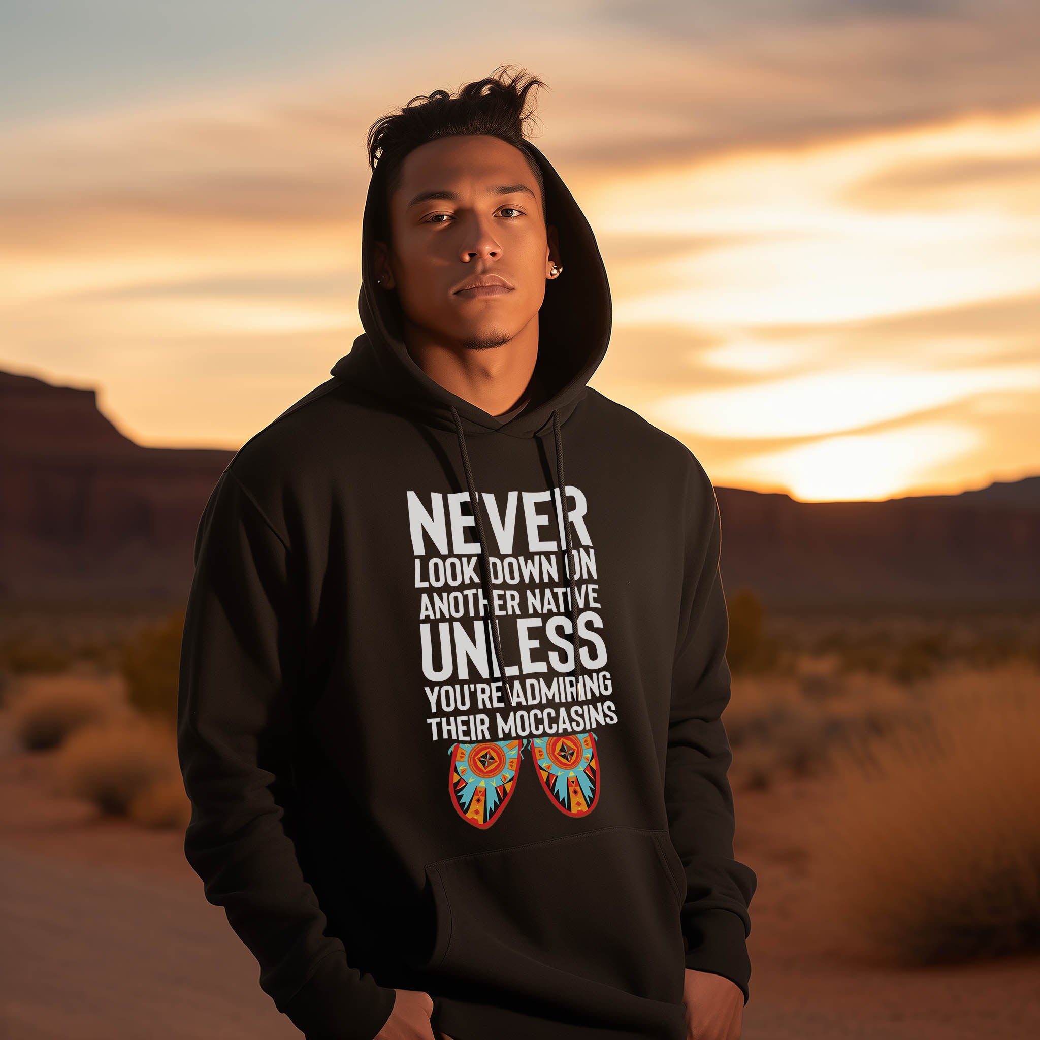 Never Look Down on Another Native 49Dzine Novelty Hoodie